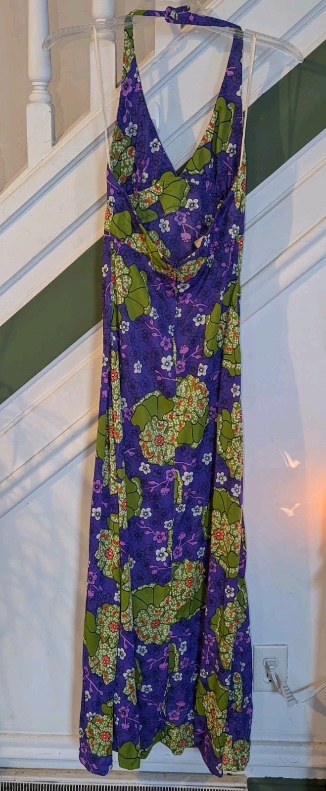 Vintage 70s HOUSE OF NINE Floral Halter Maxi Dress S Nylon Az 7 Green Purple