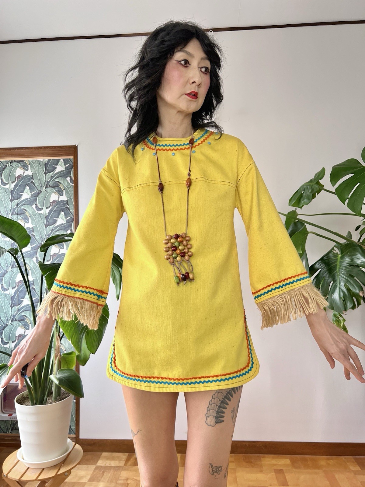 VTG 60s 70s Trivia By Charm Of Hollywood MOD Hippie Fringe Cotton Tunic XS/S