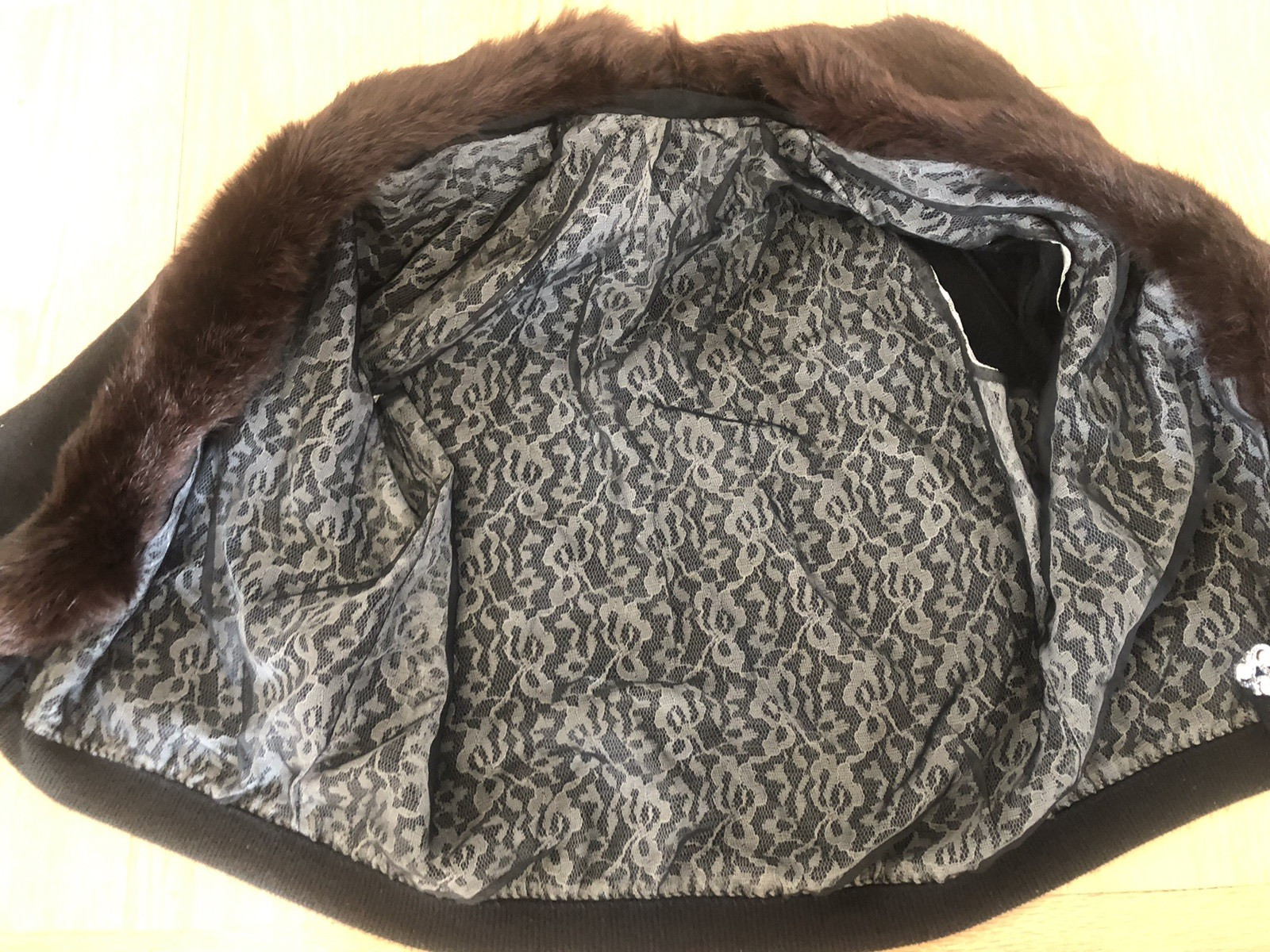 60s VTG Wool Cardigan w Black FUR COLLAR and Rhinestone Clasp