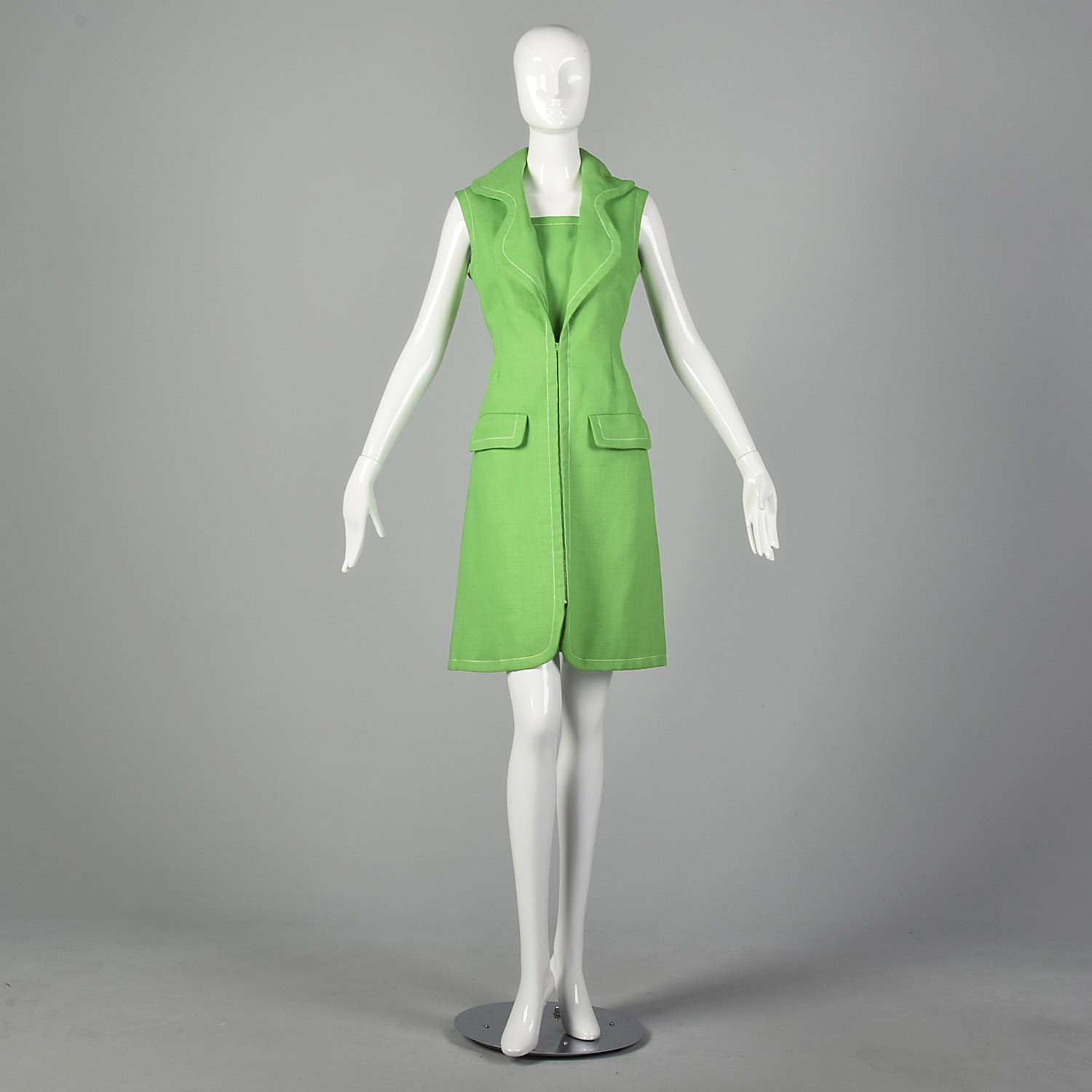 M Geoffrey Beene Green Dress 1960s Mod Zip Front Pocket Linen Shirtdress 60s VTG
