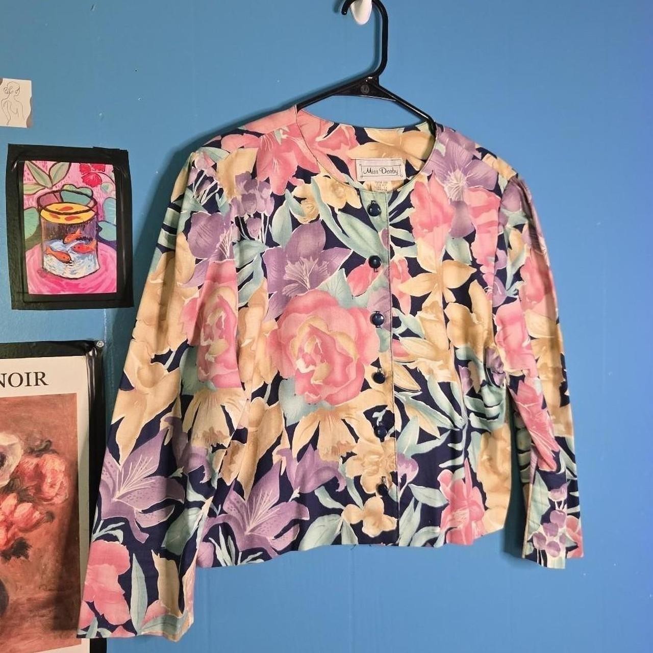 VTG 1980s Miss Dorby Floral Cropped Lightweight 100% Cotton Blazer Size 14 USA