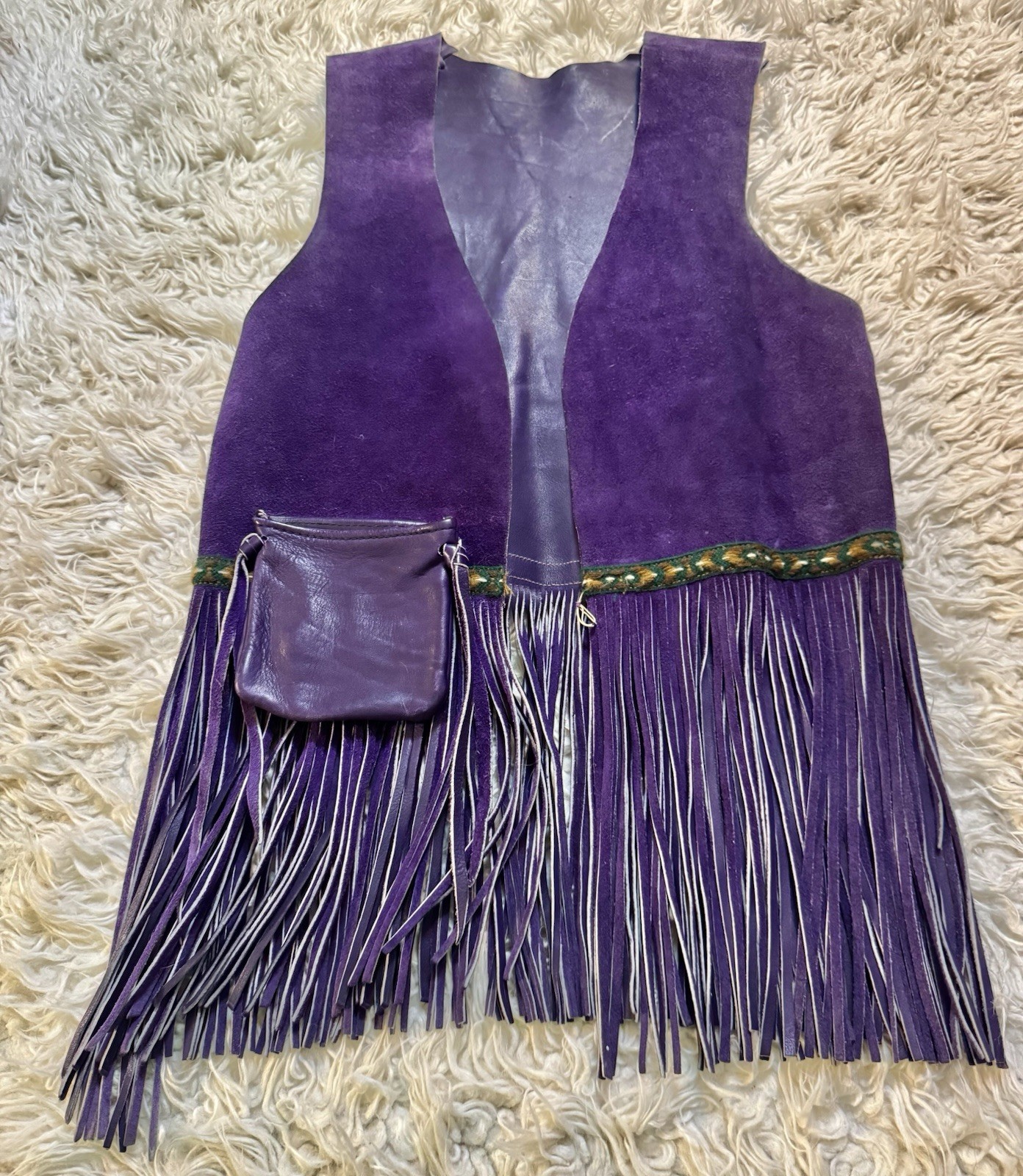 Vtg 70s Purple Leather Suede Vest Fringe Pocket Boho Rock Star Jacket Unisex