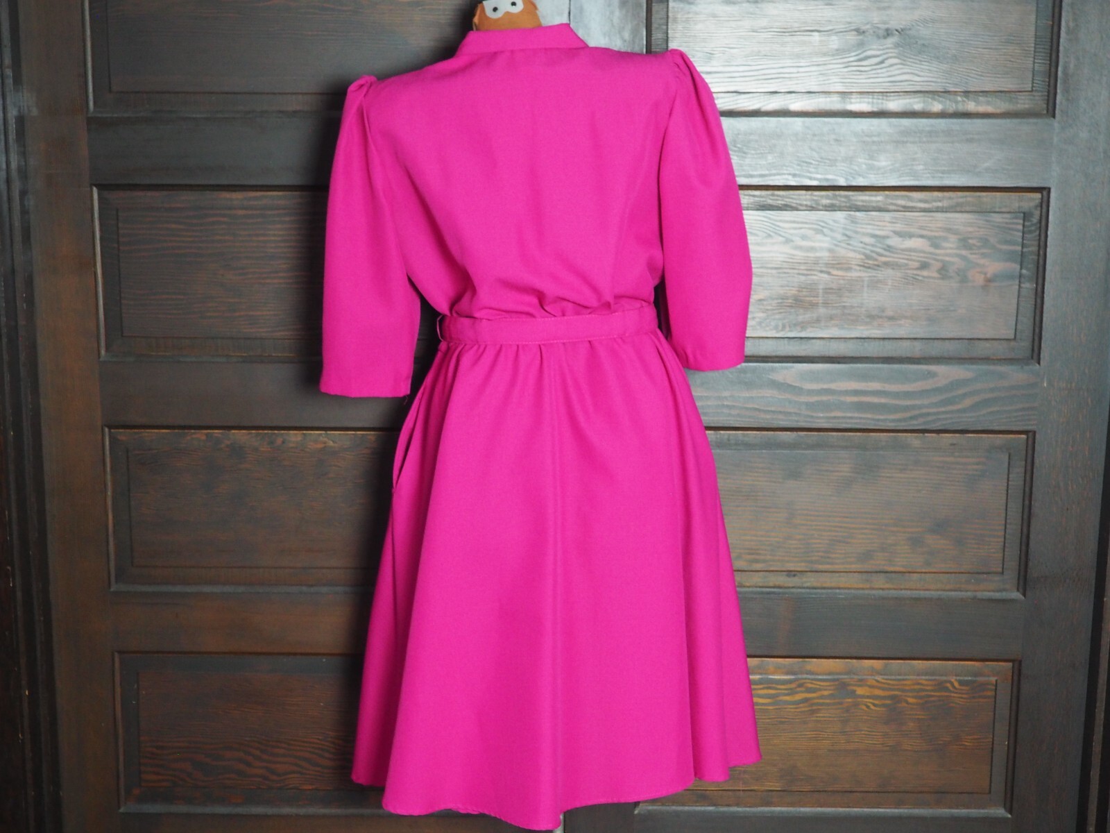 VTG 80s Fuchsia Pink Button Belted Preppy Party Dress Shoulder Pads 3/4 Sleeve M