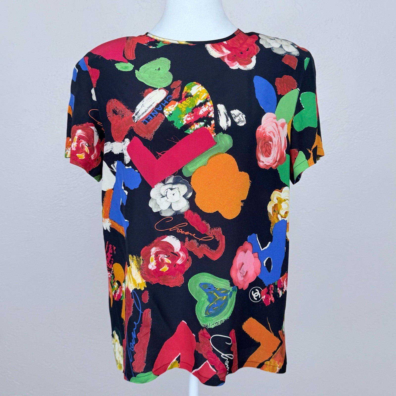 Chanel Vintage Iconic Spring 1992 Multicolor/ Black Silk T-Shirt Size 40 FR 8 US