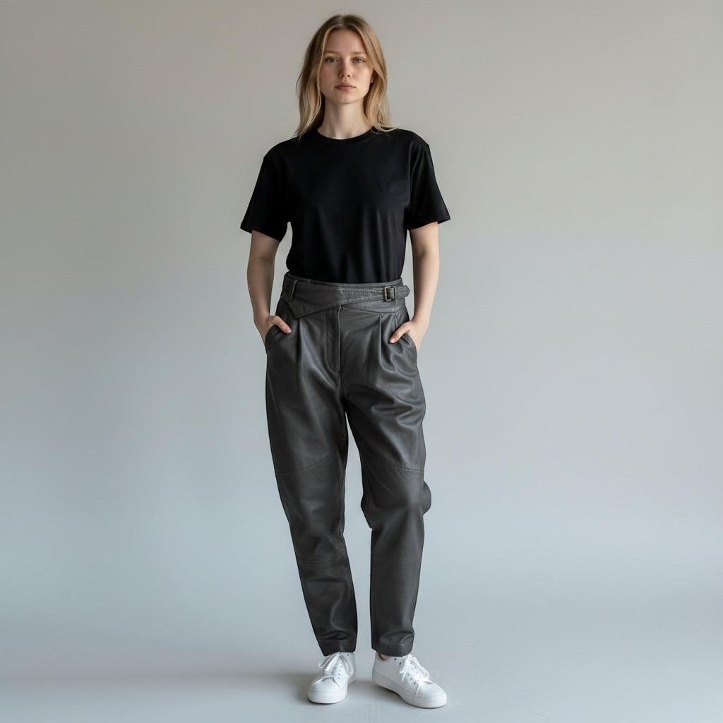 Vintage Grey Leather High Waisted Wrap Buckle Pleated Tapered Pants 25 Waist