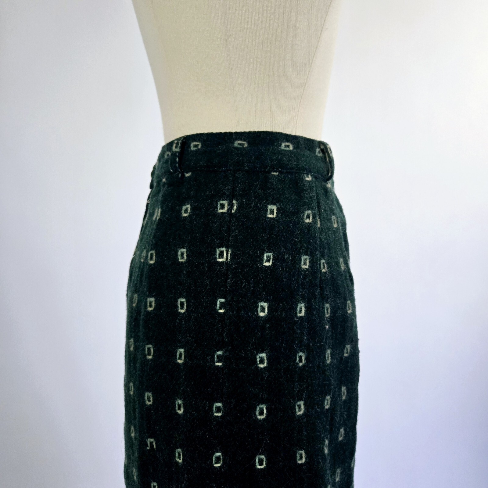 VTG 1950s Green Atomic Square Wool Skirt By Lampl Fashions Ohio Midi 25” Waist