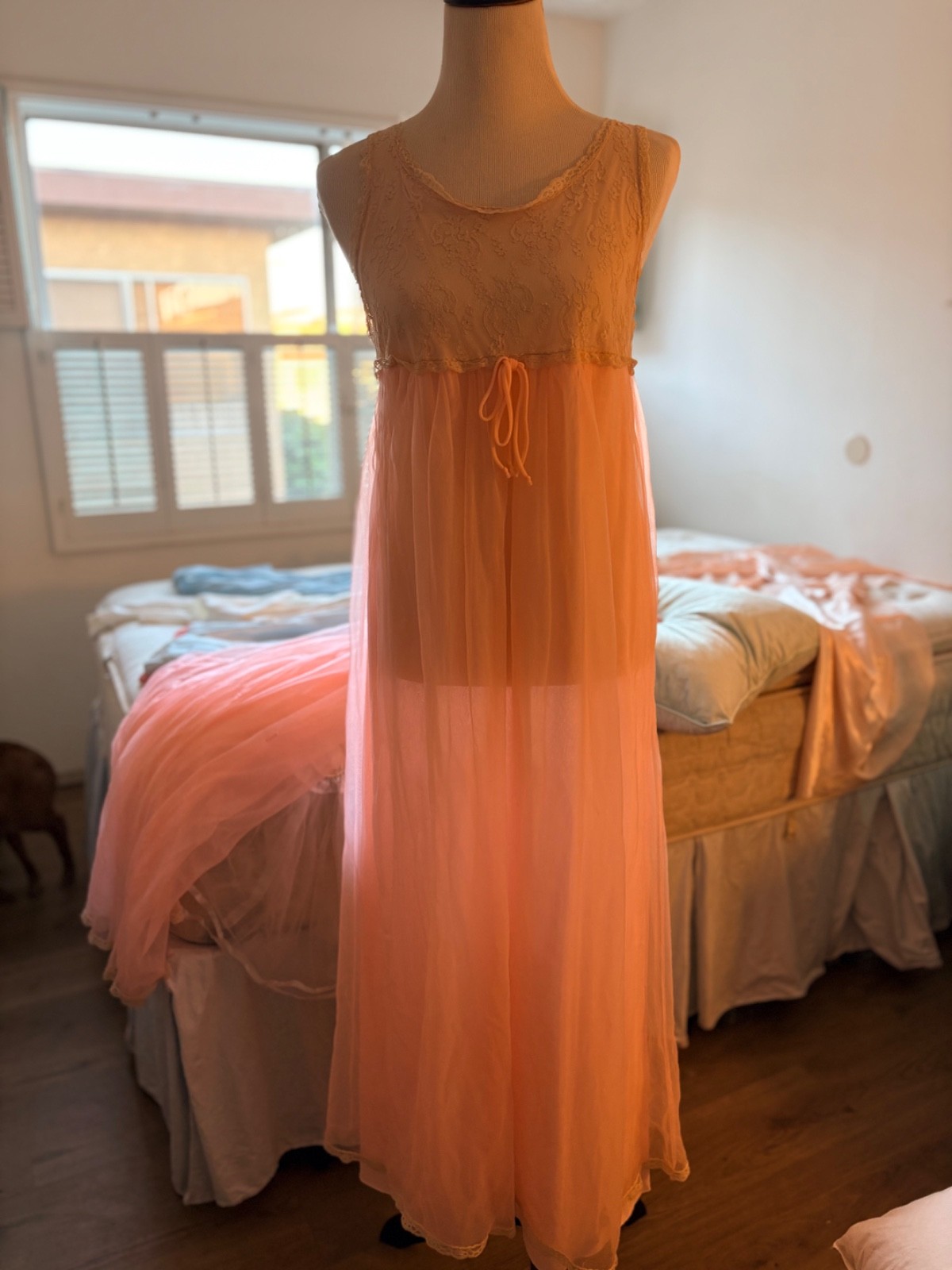 VTG 60s Aristocraft Pink Peignoir Set Sheer Chiffon Lace Nightgown Robe Small