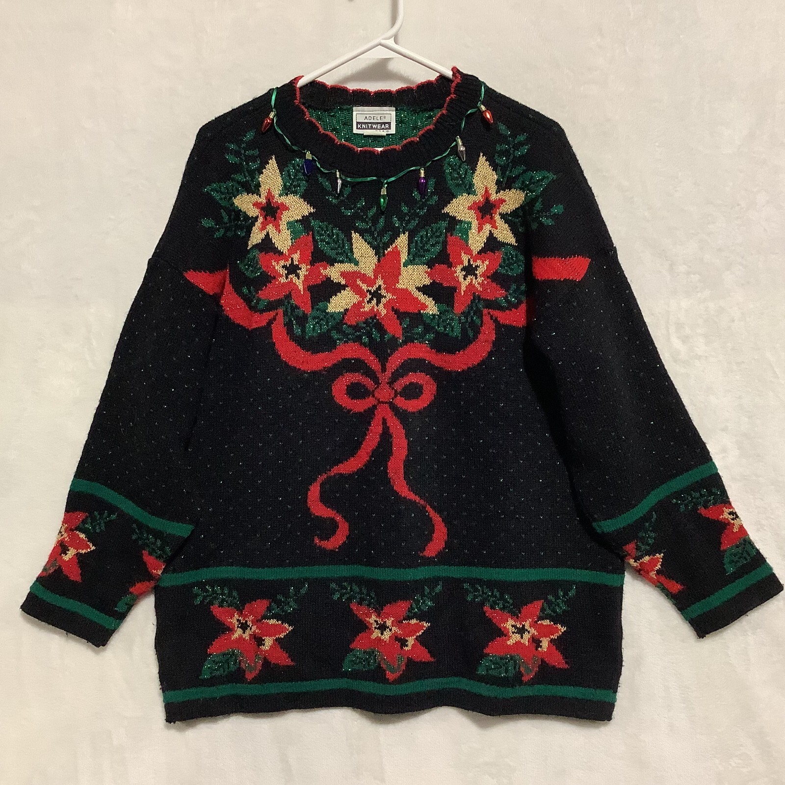 Adele Knitwear Sweater Poinsettia Glittery Christmas Holiday Party XL** USA Made