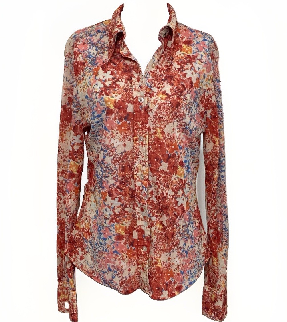 VTG 70’s Sheer Button Up Dagger Collar Shirt Red Disco Floral Secretary Size S/M