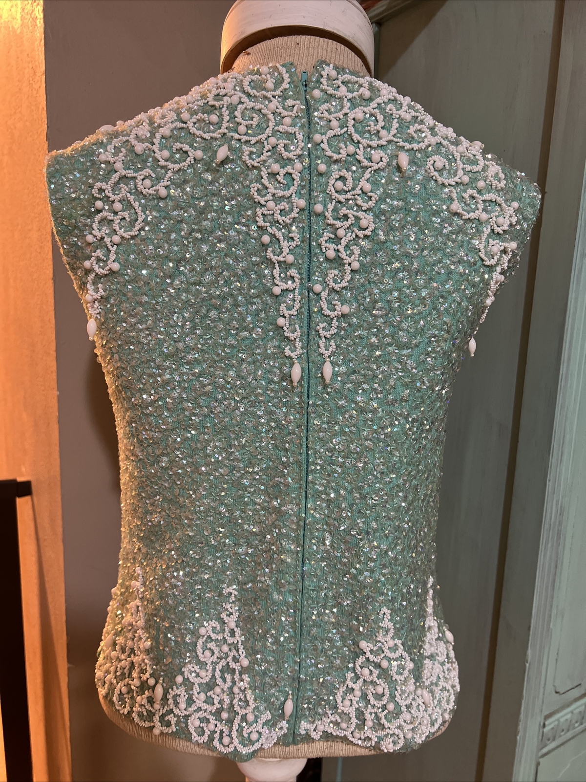 Vintage House of Gold Wool Heavily Blue Beaded Sequin Shirt Lined Zip Size 36