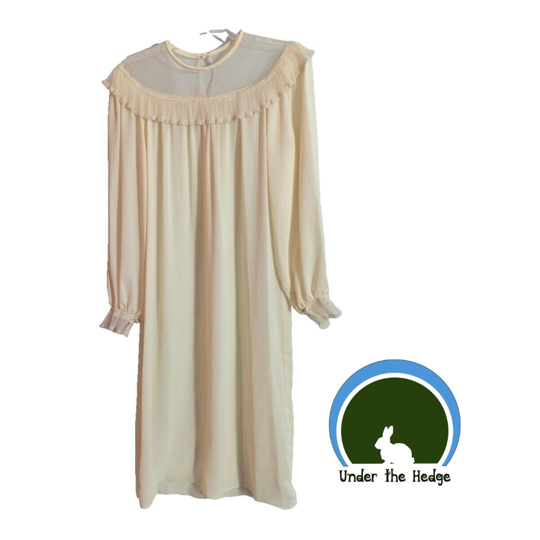 Vtg 70s Light Yellow Long Sleeve Dress Pleated Mesh Trim Small Medium M1