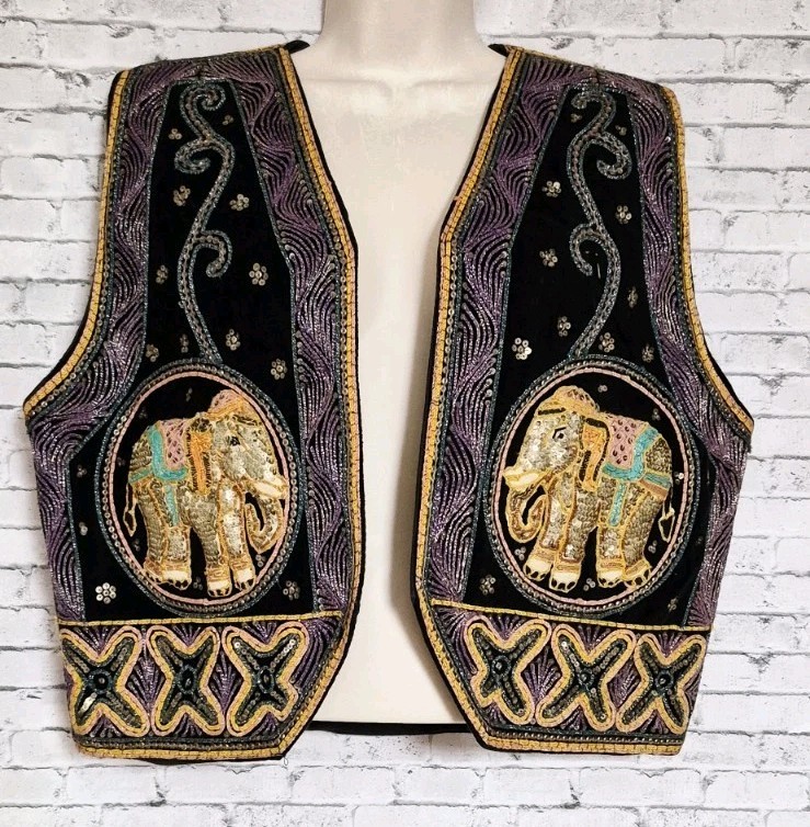 Vintage 3D Elephant Velvet Embroidered Sequined Vest Boho Kalaga Hippie Ethnic