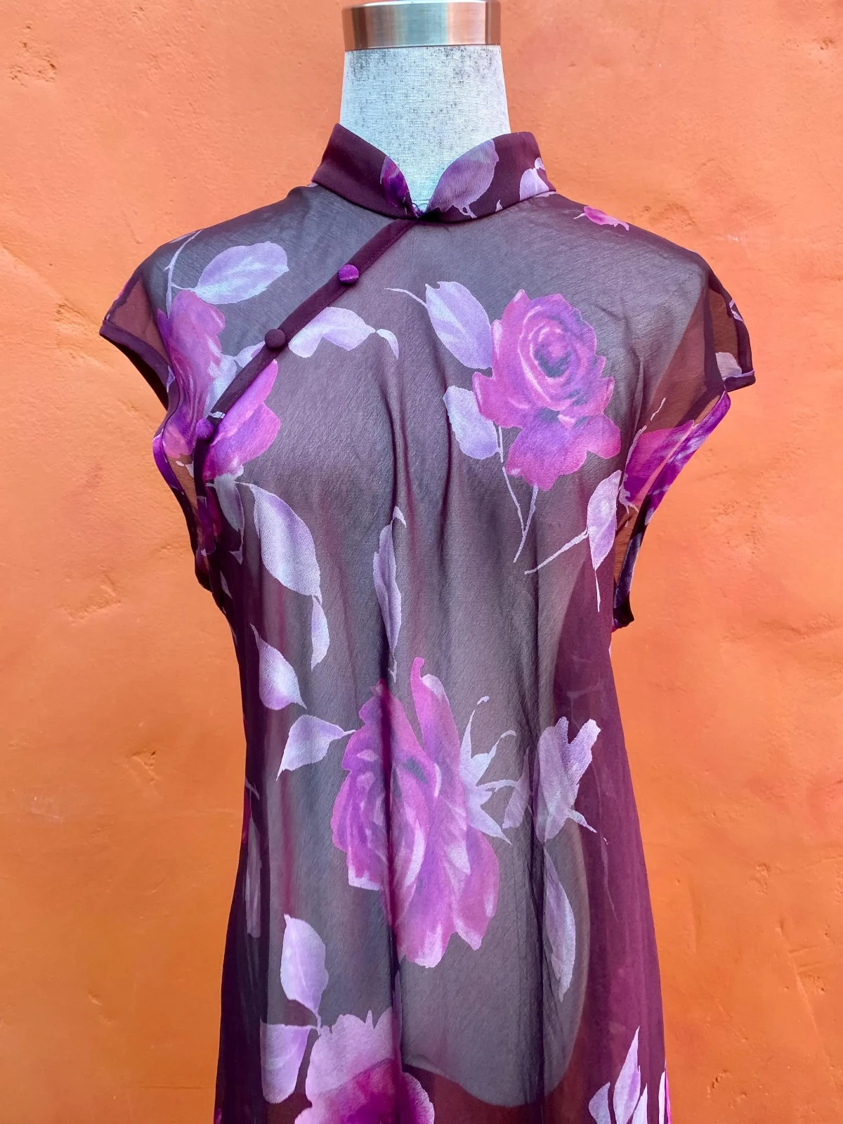 Vintage 1990s Sheer Floral Maxi Cheongsam Dress. Festival Glam Grunge Rave Pinup