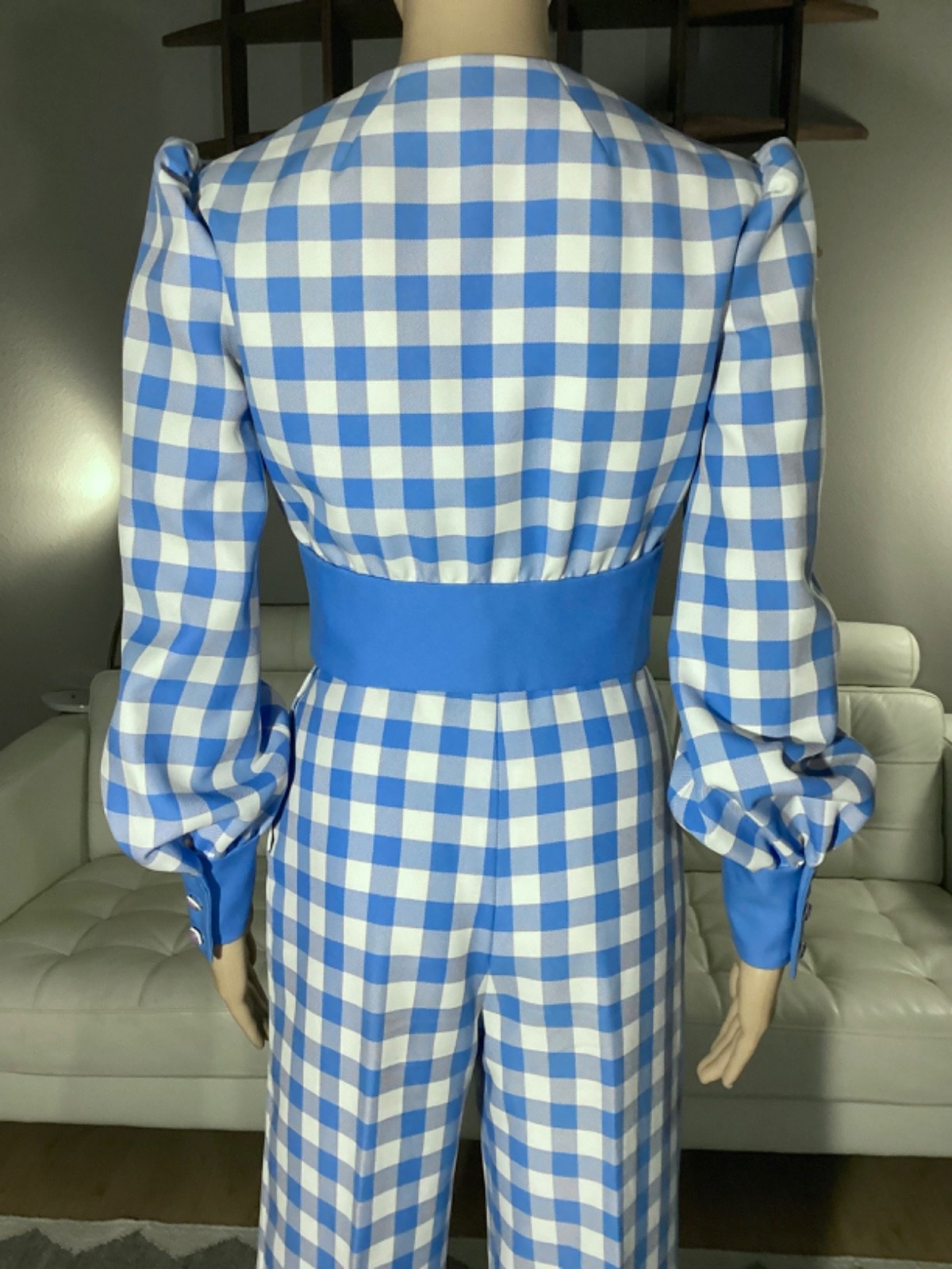 Vintage 1970’s Blue & White Check Cropped Button Up Top & Wide Leg Pants Set