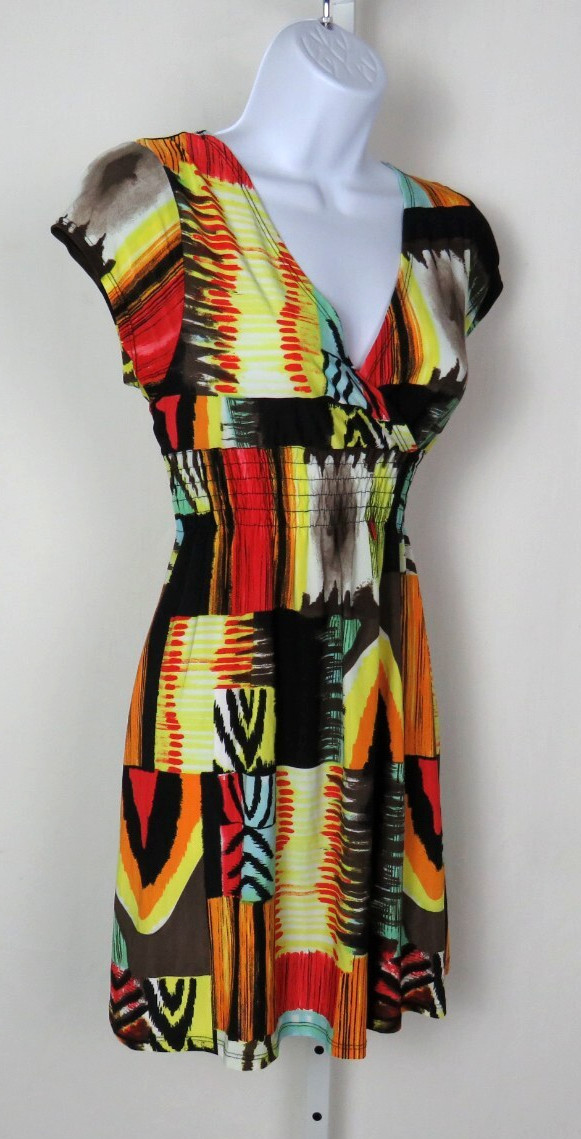 VTG 1990s MOD ABSTRACT COLOR BLOCK STRETCH DRESS OVERLAP BUST 30″ to 36″