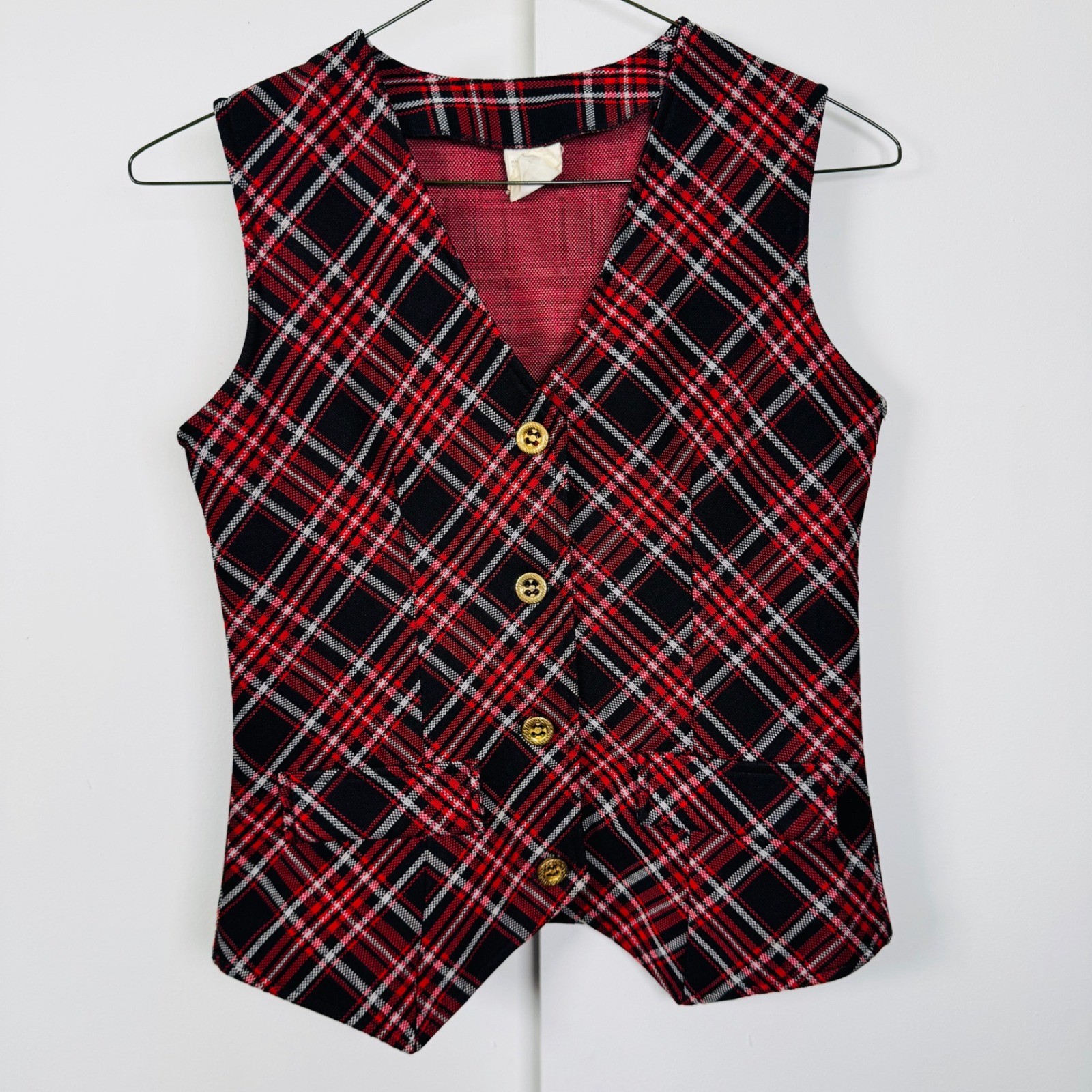 Vintage Montgomery Ward Red Plaid Vest Gold Buttons Size 10 Preppy Academic