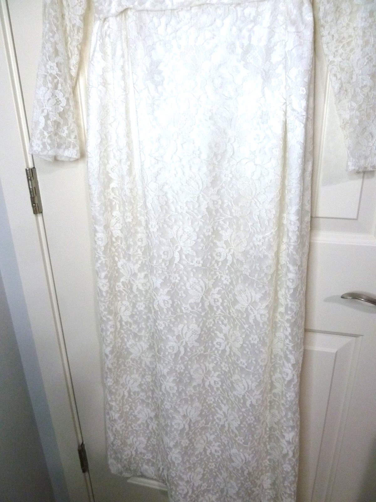 Vintage late 1960s White Satin & Lace Wedding Dress 26″ Empire waist Handmade