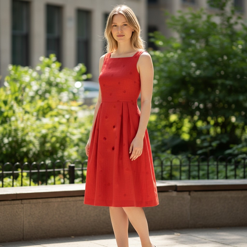 Donna Morgan Linen Dress Women 12 Red Bow Back Sleeveless Embroidered Sheath