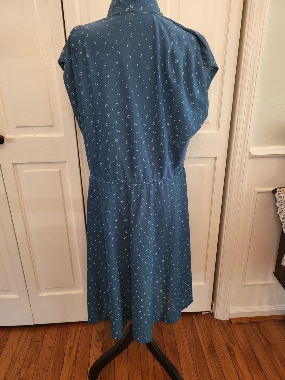 Vintage 70s/80s Teal Geometric Print Shirt Waist Dress 14 Trad Wife Retro Twee