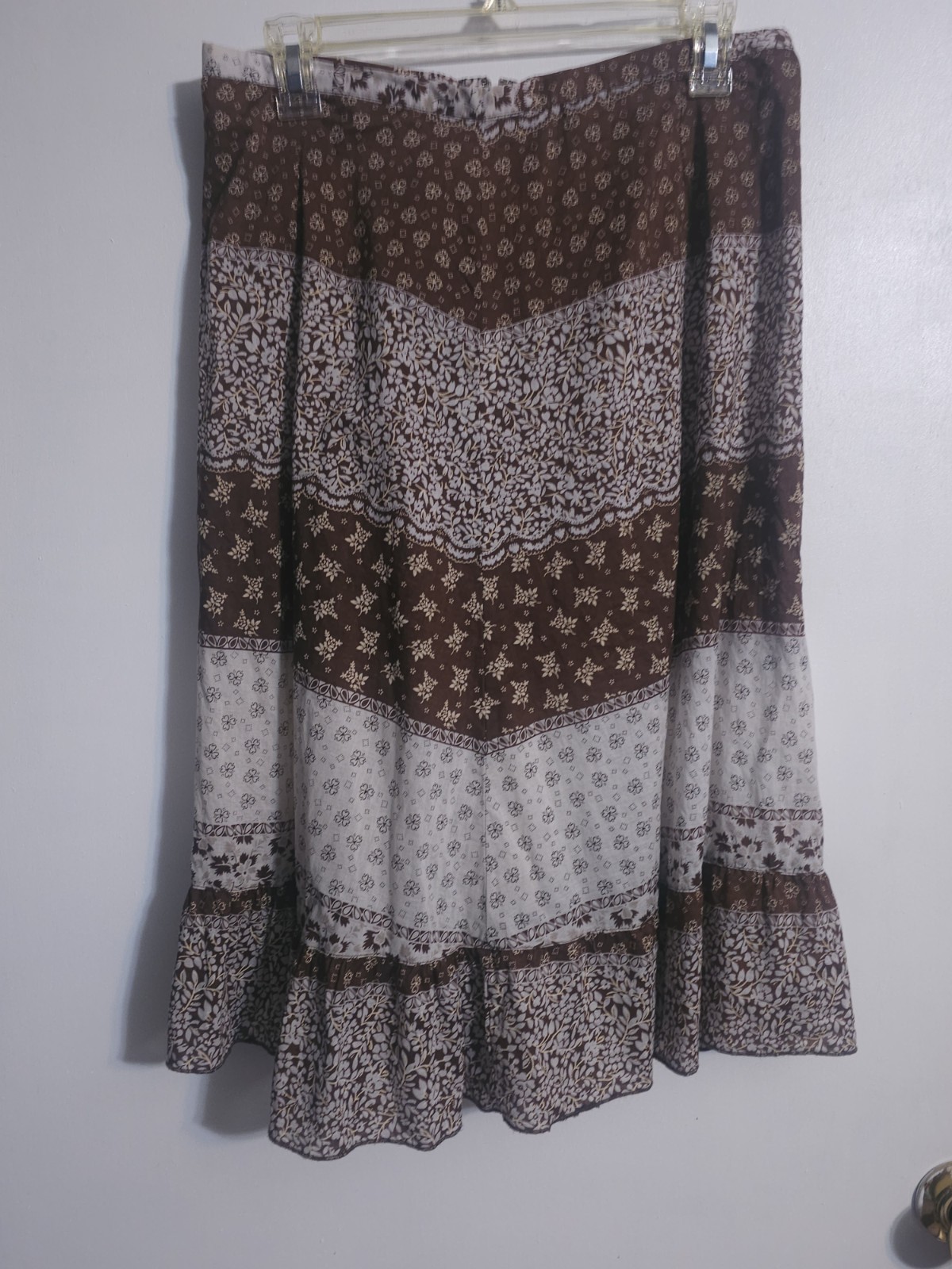Vintage Y2K Route 66 Brown Patchwork Boho Skirt 2000s Prairie Cottagecore 31×27