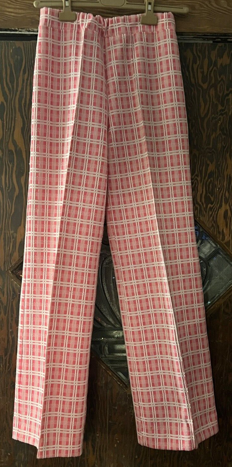 Vintage 70s Carlo Condé Pants Pink Plaid Elastic Waist Wide Leg