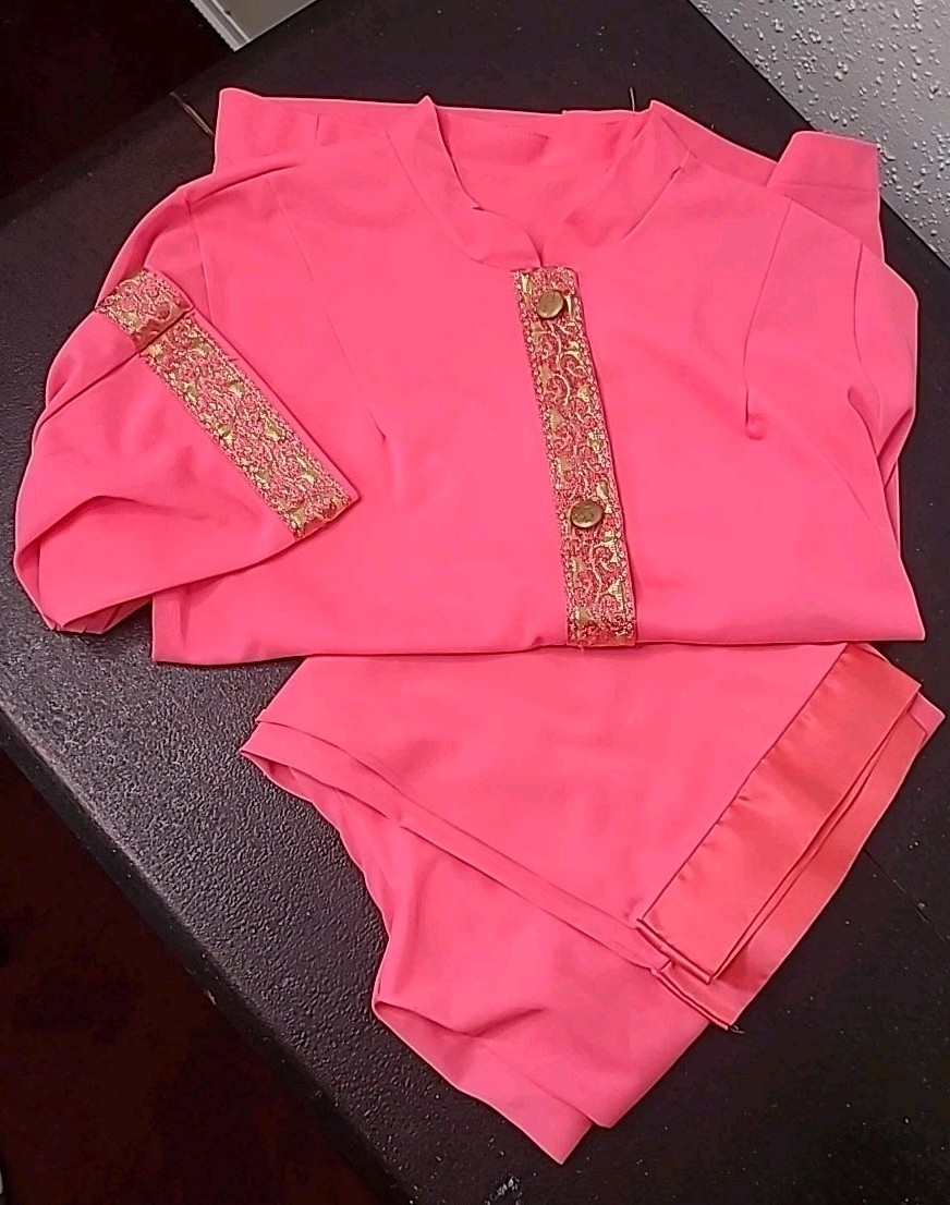 VTG 60s Lorraine Pajamas Coral Metallic Trim Lounge PJ Set Mod Regency Glam 34