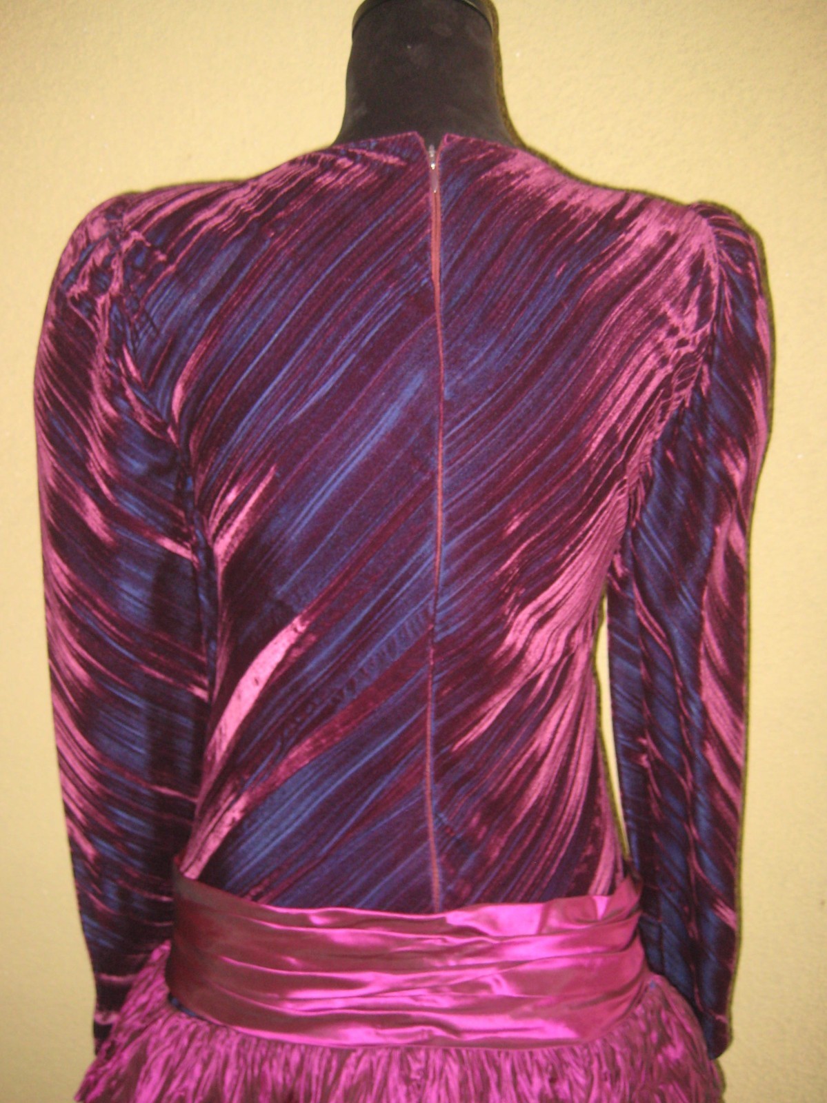 Vintage 80s burgundy/wine velveteen dropwaist taffeta tiered ruffles party dress