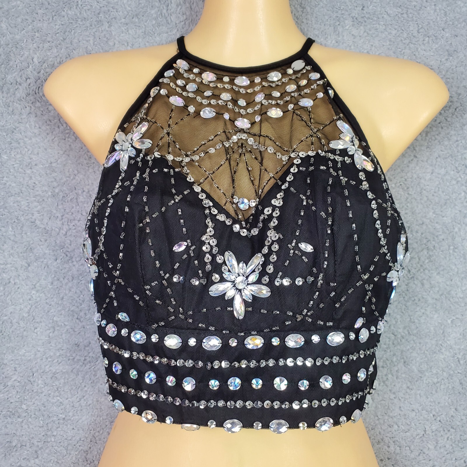 Vtg B Darlin Top Size S Black Halter Crop Embellished Jewels Sheer Padded Zip Up
