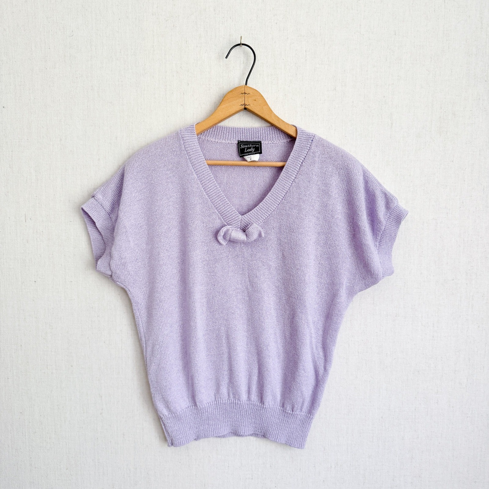Southern Lady Knit Sweater Vintage Bow V-Neck Short Sleeve M Purple USA D 8577