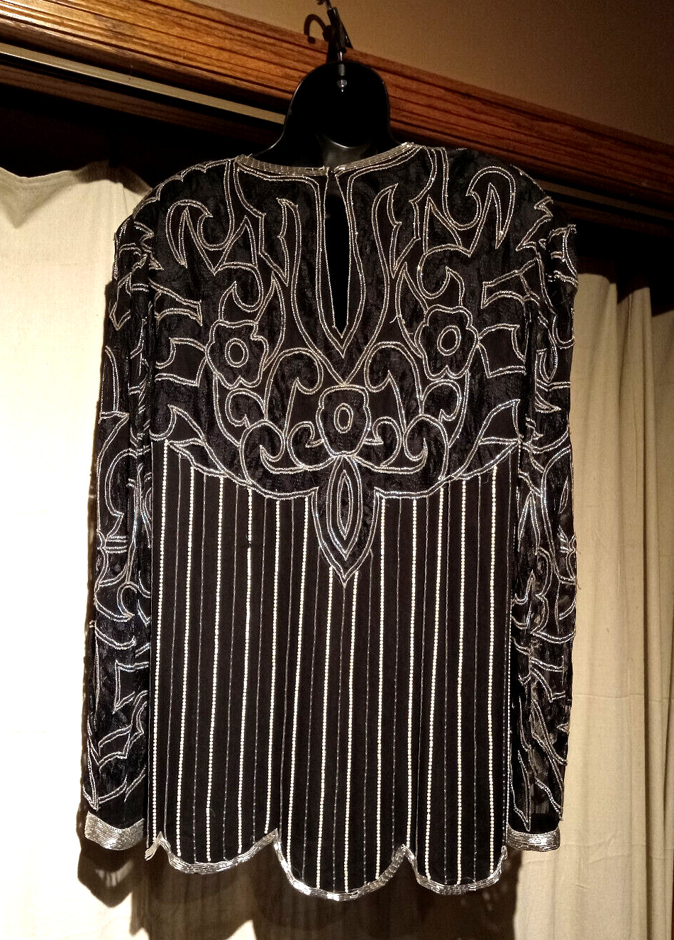 Vintage Silk Beaded Formal Top Black Art Deco 1980s Mob Wife Judith Ann 1X 16 18