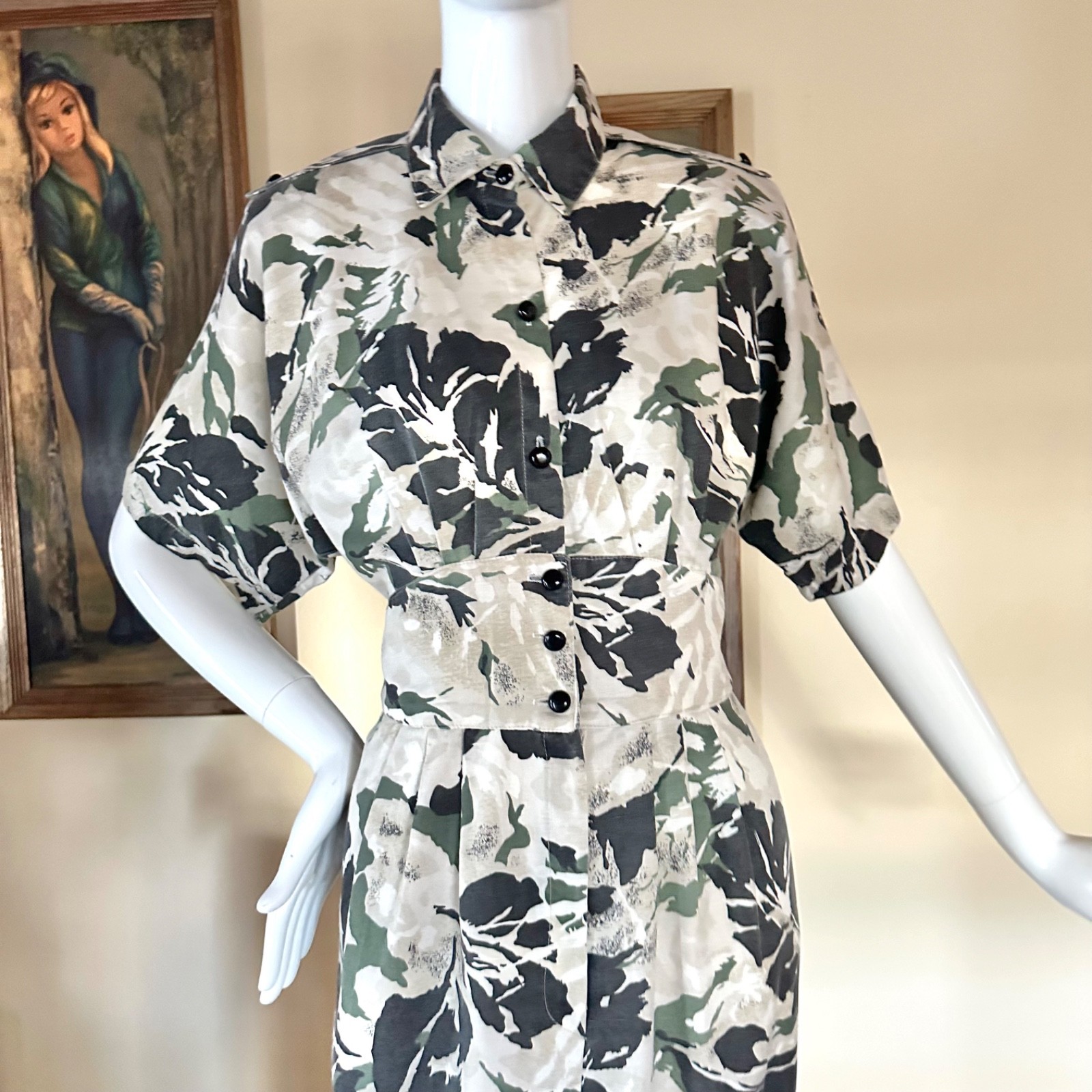 Vintage 1980s New Wave Camo Print Shirtwaist Uniform Military Day Dress M