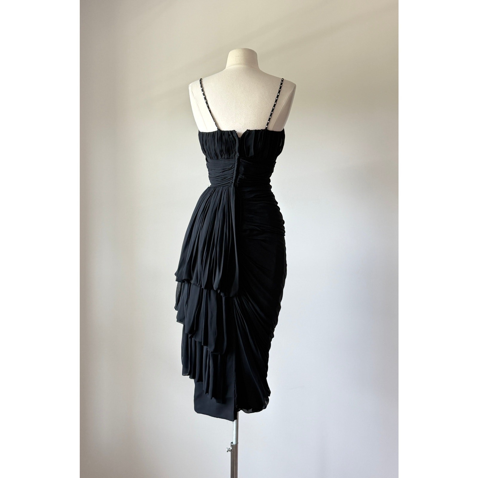 Vintage 1950s Black Chiffon Bombshell Cocktail Wiggle Party Dress XS/S