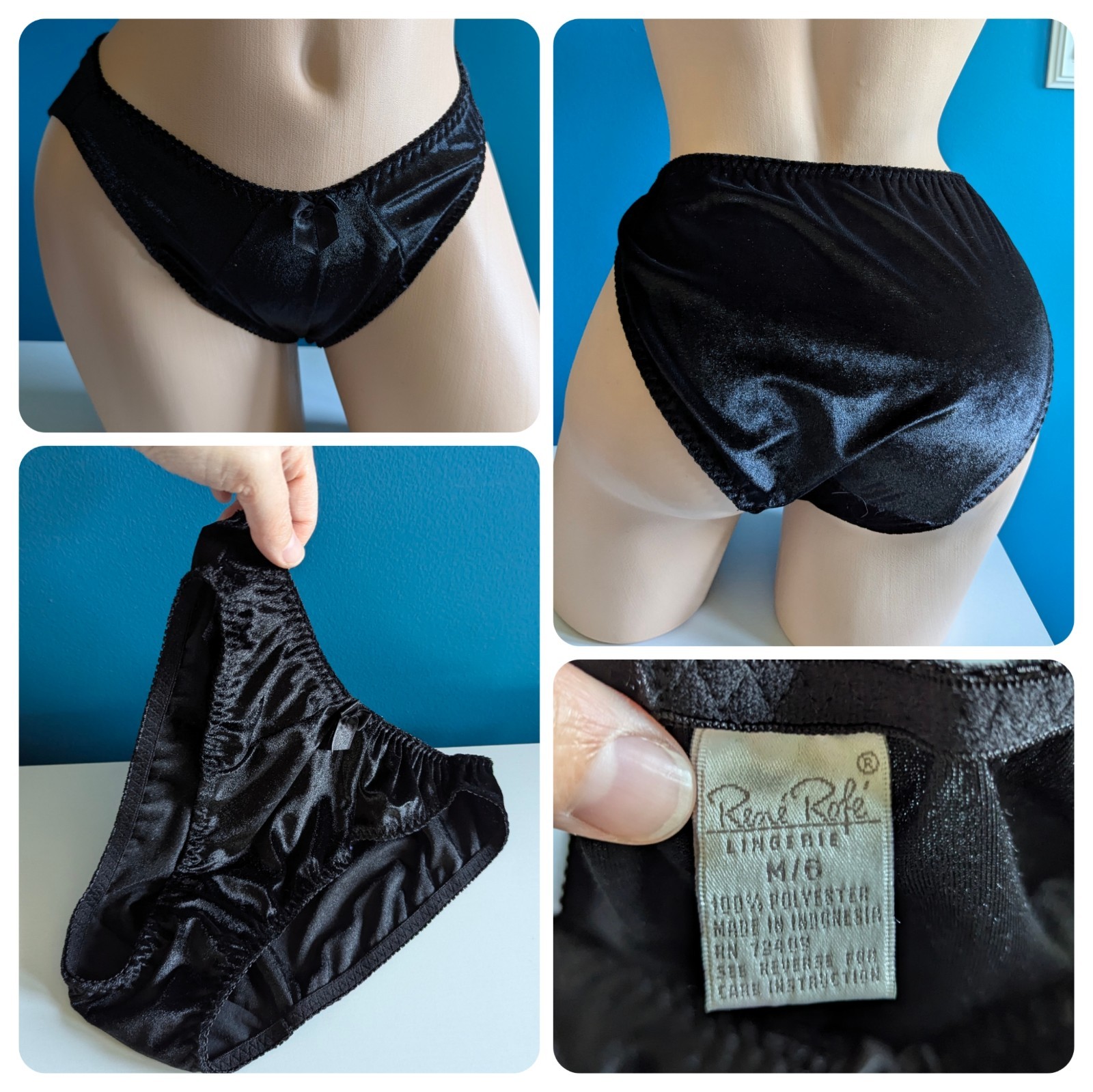 Vtg 90s Black Crushed Velvet Bikini Panties Sz M/6 Rene Rofe Underwear Vintage