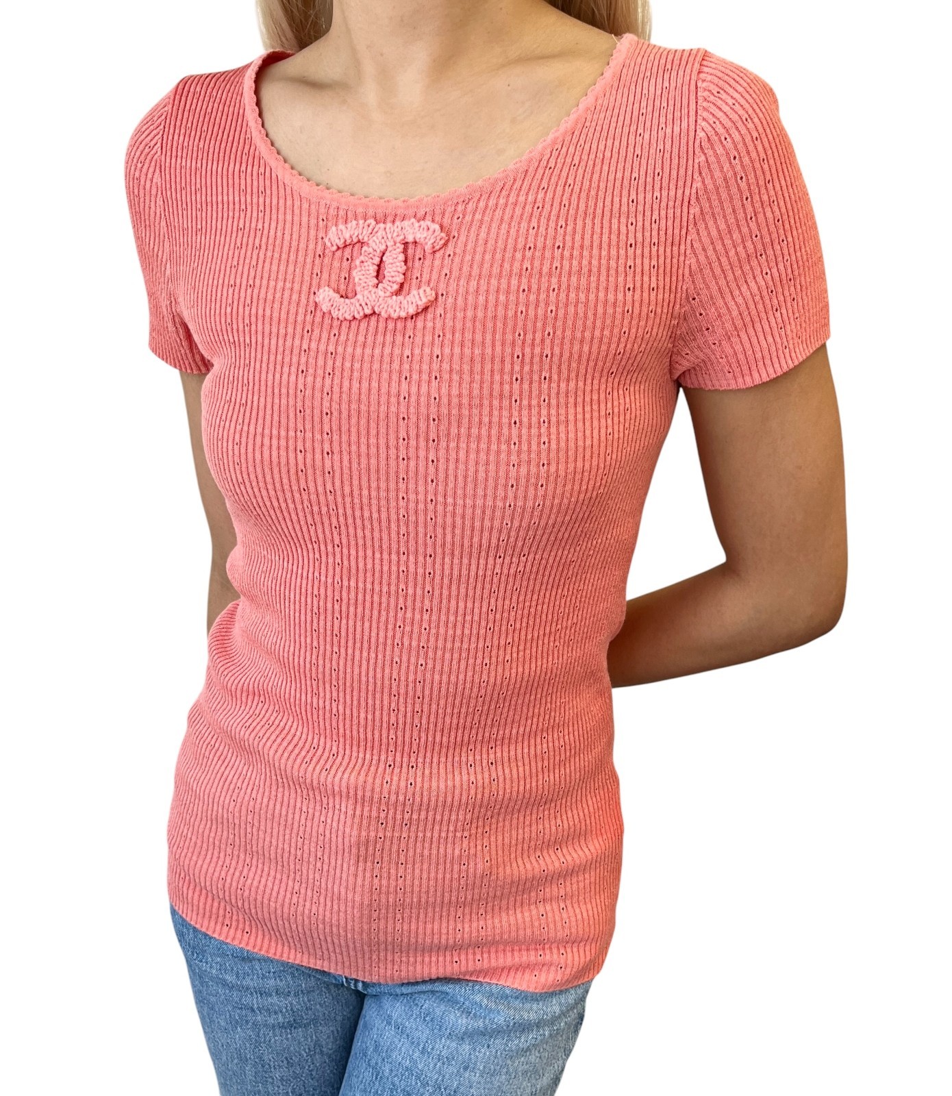 CHANEL Vintage 09P CC Logo Rib Knit T-shirt Top #36 Salmon Pink Cotton 901988