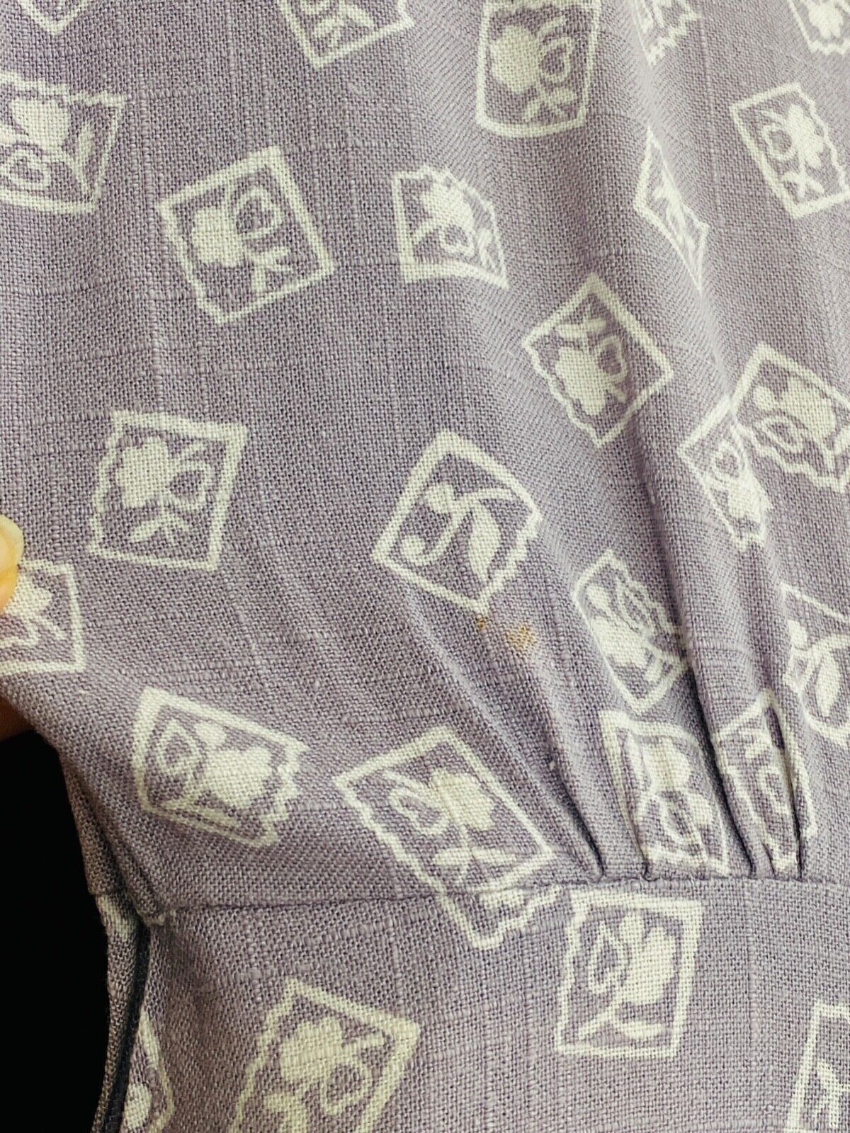 Vintage 1950s purple dress, short sleeve linen heart floral novelty print S