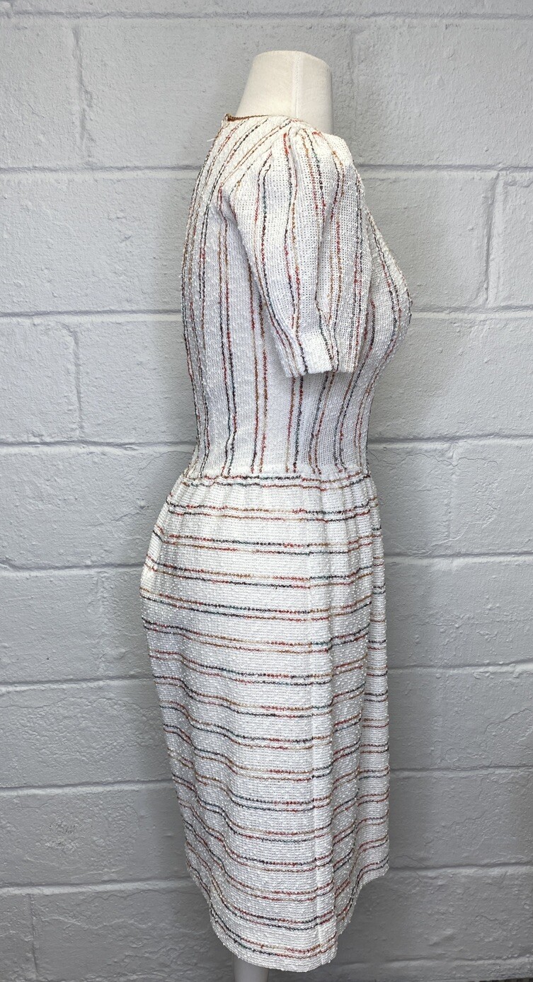 Vtg 70s 80s Day Dress Rainbow Sz 6 Small Nubby Fabric Stripe Resort Cream Woven