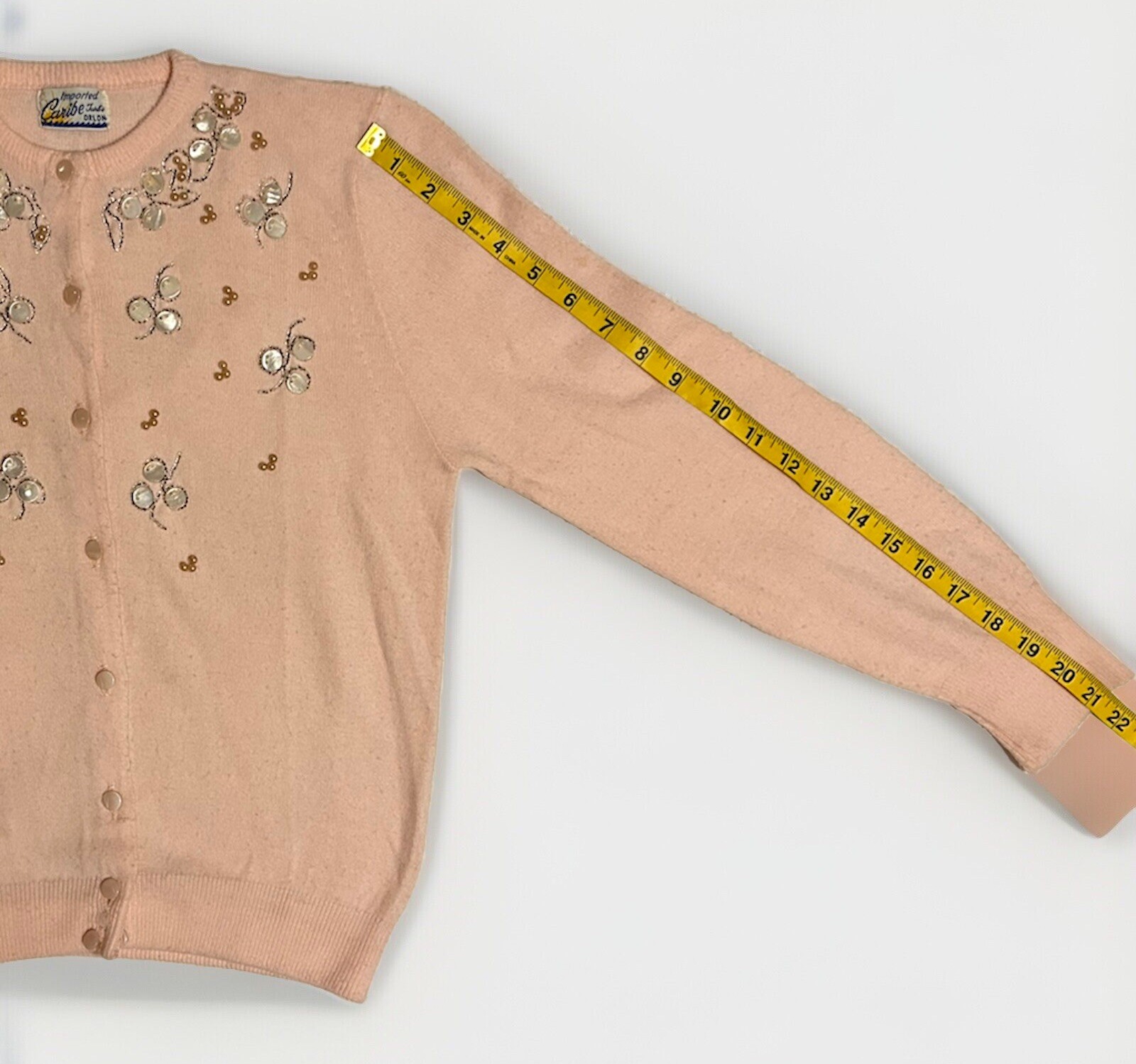 50s Vintage Caribe Turbo Orlon Beaded Sweater Lt Pink Pearls Women’s Small