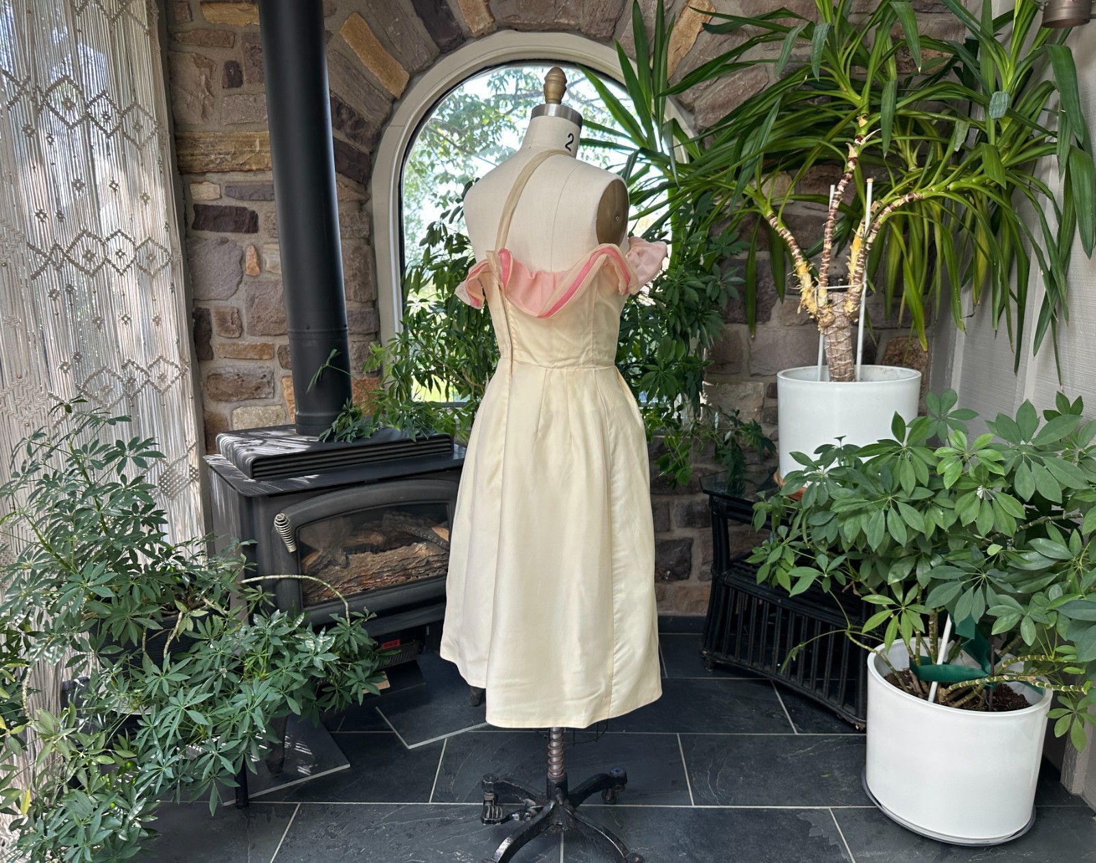 Vintage 1950s Ivory and Pink Silk Organza Off Shoulder Formal Dress Wounded Bird