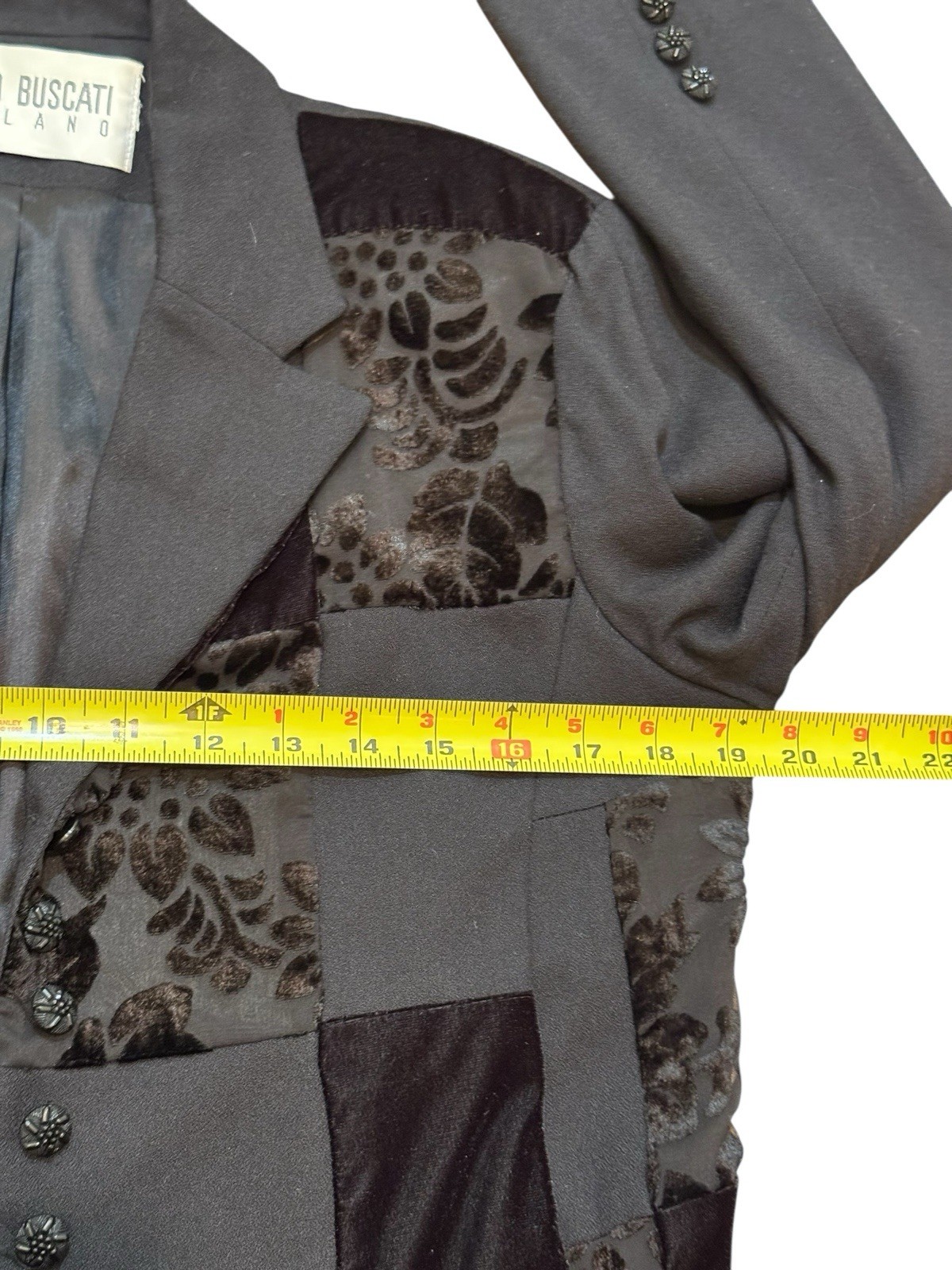 Vintage Hugo Buscati Milano Velvet Burnout Blazer M Black Patchwork 90s Luxe