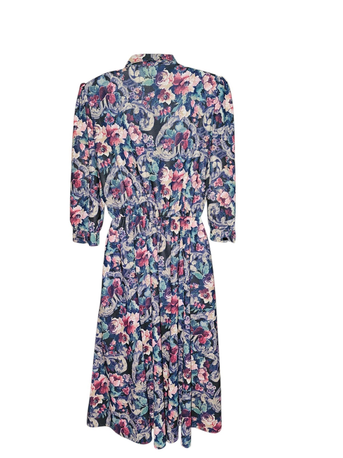 VTG California LOOKS Elastic Waist Button Up Front Floral 3/4 Sleeve Dress 12