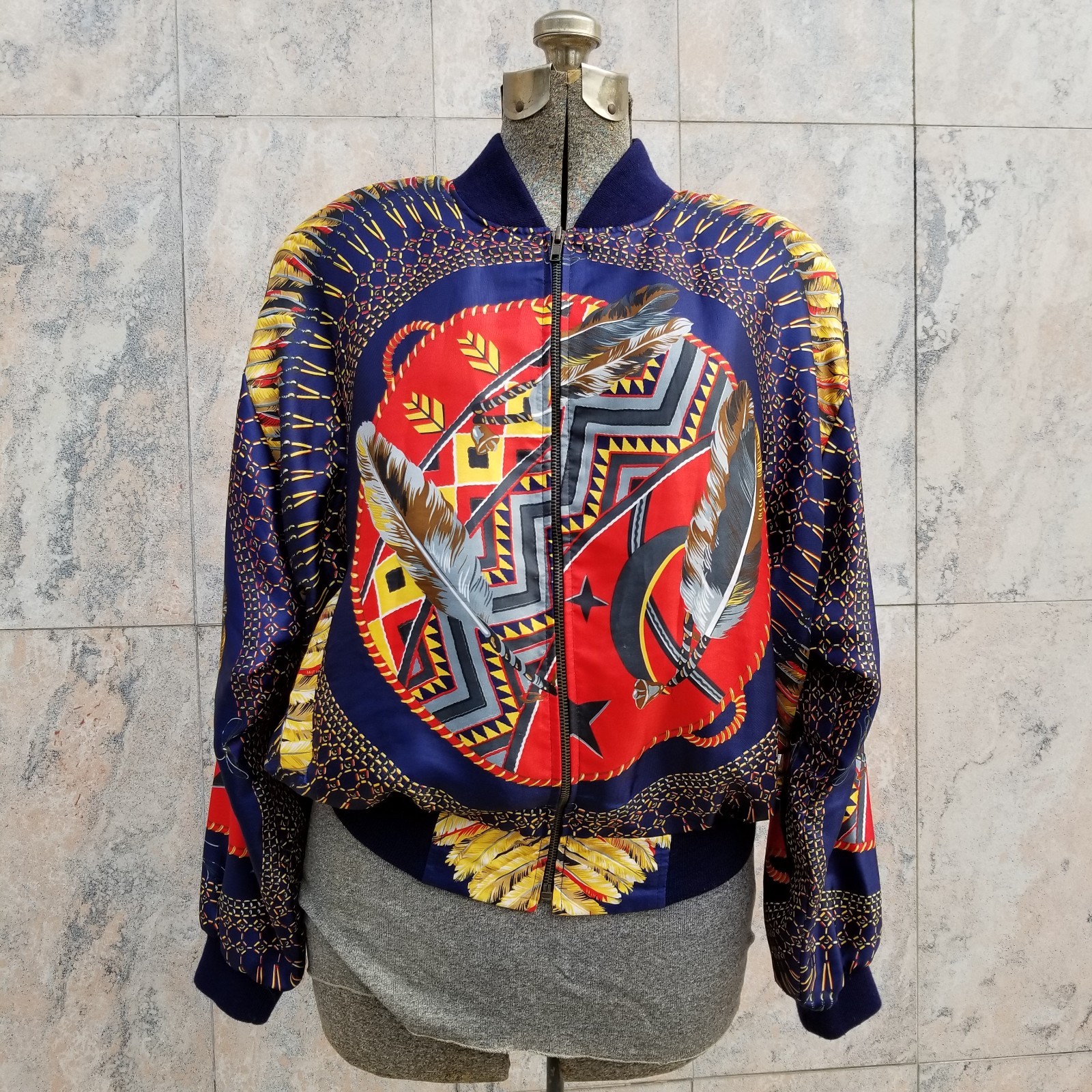 Vintage 80s Chardin Satin Finish Bomber Jacket XL Oversized Geometric Korea