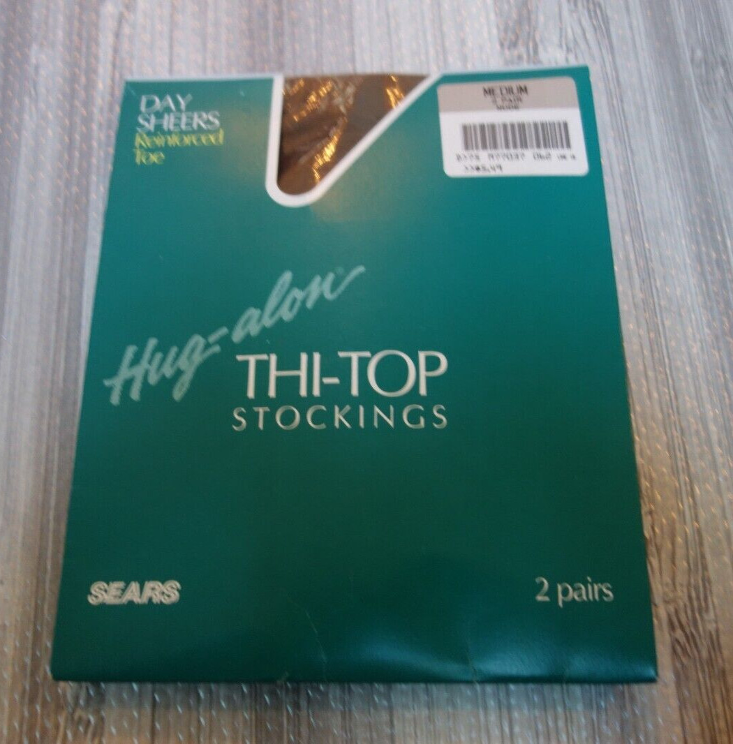Vtg. Hug-alon Thi-Top Stockings Day Sheers One Pair Nude Medium Sears Reinforced
