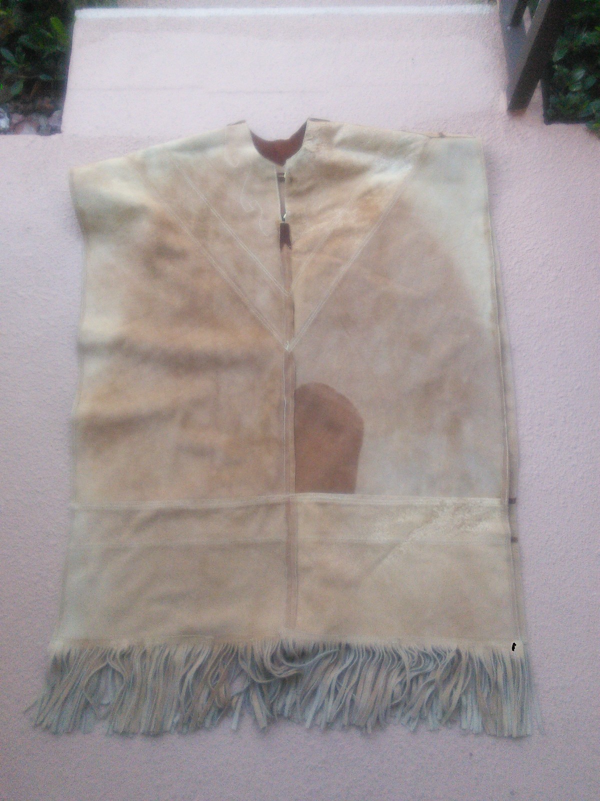 Vintage Men’s Mexican Handmade Suede Leather Poncho Western Fringe Hand Drawn OS