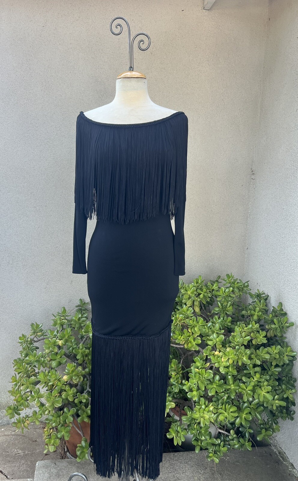 Vtg Maxi Dress Black Long Fringe Jersey Sz 8 Small By Jill Richards