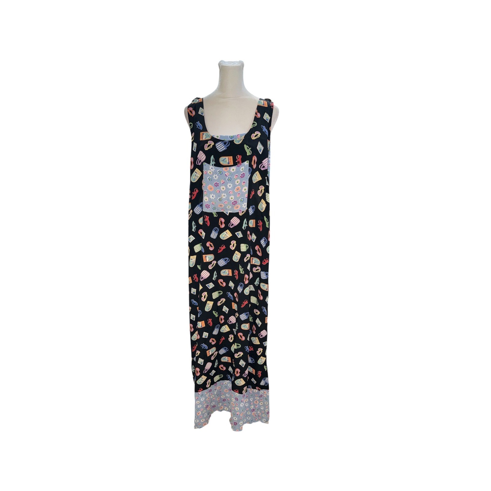 Jenny Helene Vintage Vacation Novelty Print Maxi Dress Floral Pocket Black L