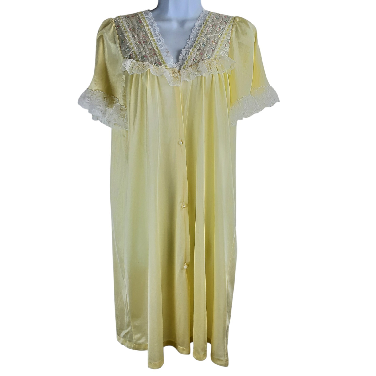 Vtg Miss Diva Nylon Nightgown Yellow Seiz Med USA Lace Embroidered button V Neck