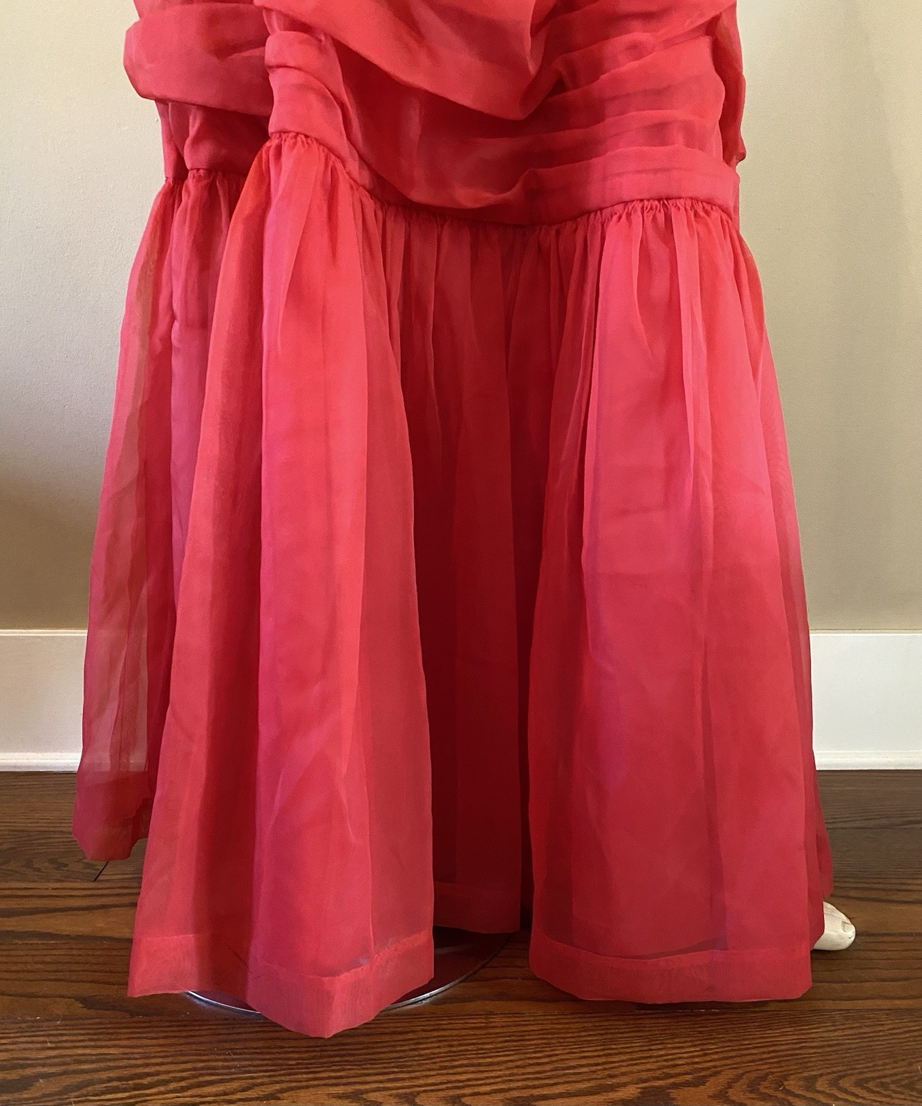 VTG 50s Red Chiffon Strapless Evening Cocktail Prom Gown Dress XS