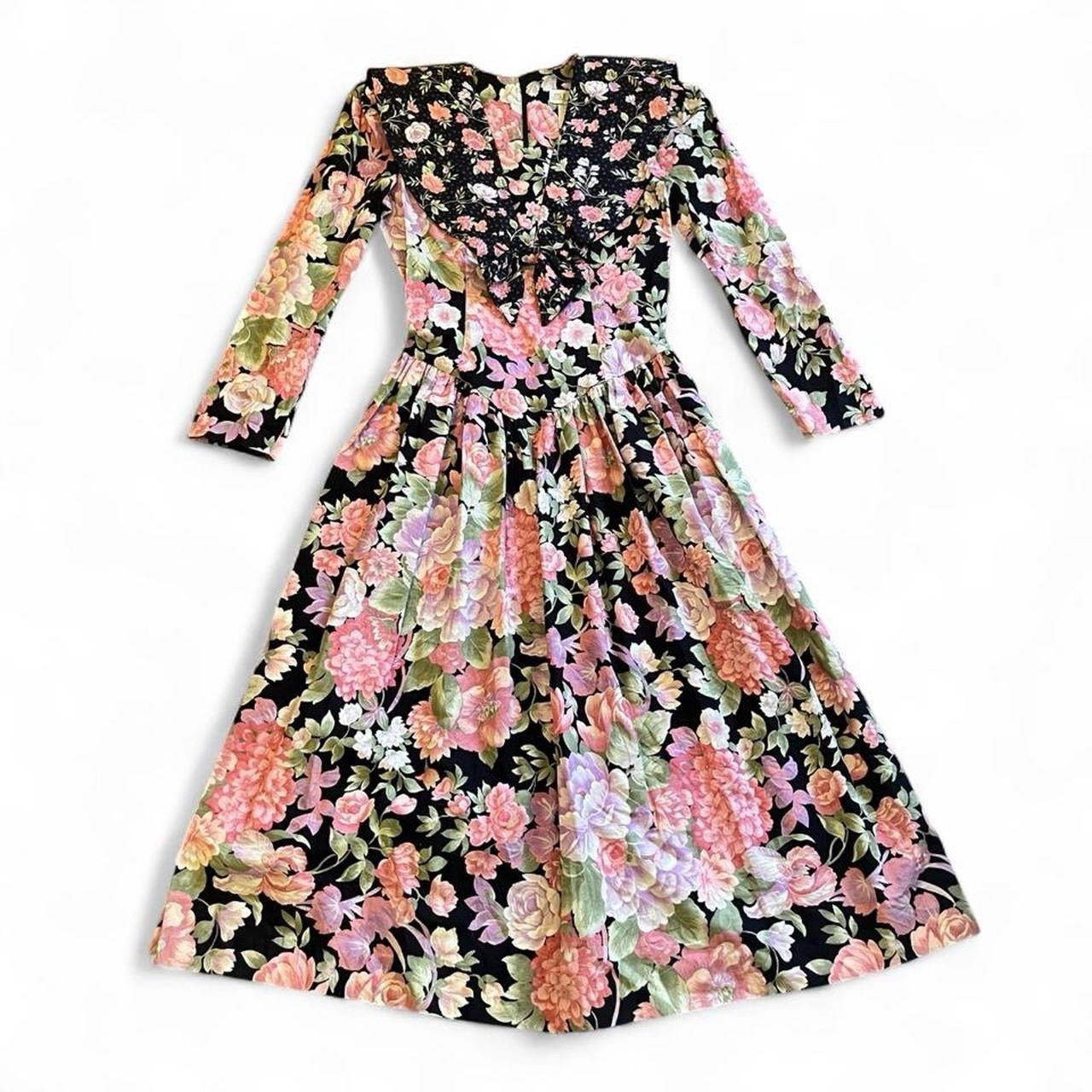 TRUE VINTAGE • 1980s LESLIE LUCKS FLORAL OVERSIZED BIB COLLAR MIDI BOW DRESS 🎀