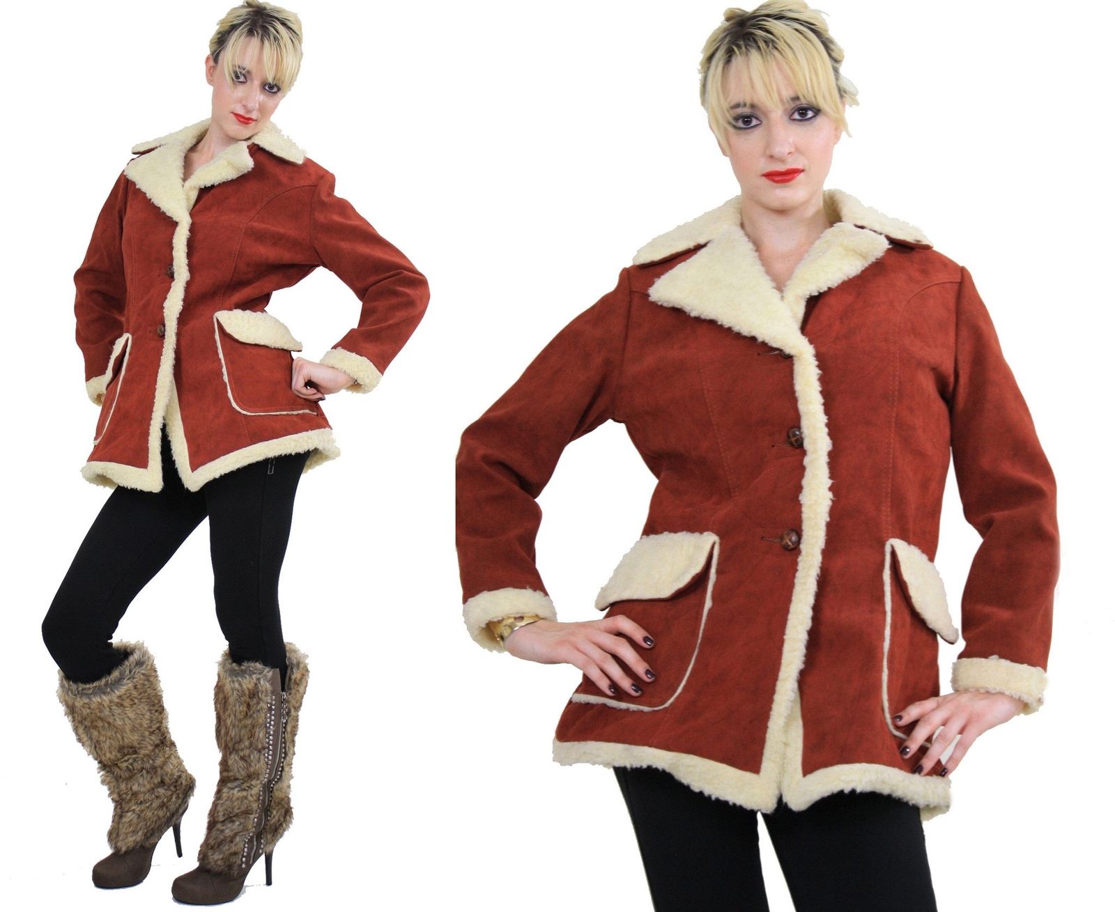 Vintage VTG 70s faux suede leather faux fur Penny Lane Coat