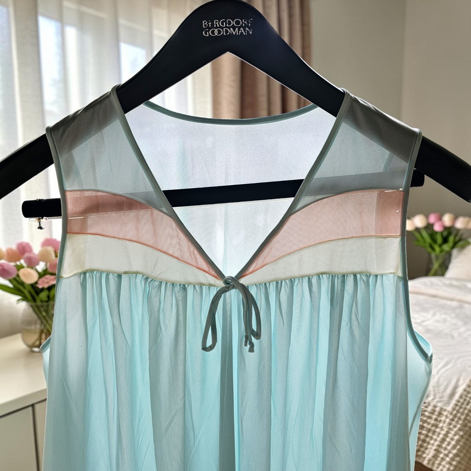 VTG Lorraine Nightgown MD Mint Seafoam Peach Color Block Sleeveless Nylon Sheer